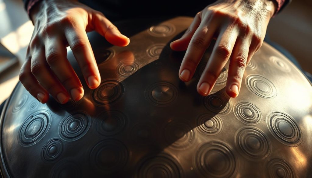 A close-up view of a pair of hands delicately maneuvering a handpan, the metal instrument's intricate patterns casting mesmerizing shadows on a softly lit background. The fingers dance gracefully, expertly navigating the instrument's surface, seamlessly transitioning between melodic phrases. The scene evokes a sense of focus, concentration, and the beauty of musical expression, capturing the essence of "optimiser les transitions et le phrasé" in the context of handpan performance. A close-up view of a pair of hands delicately maneuvering a handpan, the metal instrument's intricate patterns casting mesmerizing shadows on a softly lit background. The fingers dance gracefully, expertly navigating the instrument's surface, seamlessly transitioning between melodic phrases. The scene evokes a sense of focus, concentration, and the beauty of musical expression, capturing the essence of "optimiser les transitions et le phrasé" in the context of handpan performance.