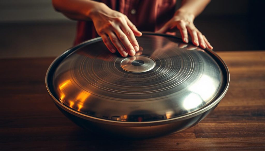 A finely crafted handpan, its metallic surface gleaming under warm studio lighting. The instrument rests on a smooth wooden surface, its concentric circles and intricate patterns inviting the viewer to explore its unique sonic qualities. In the middle ground, a pair of skilled hands gently caress the handpan, coaxing out a mesmerizing melody. The background is blurred, allowing the focus to remain on the handpan and the artist's performance, creating an intimate, immersive atmosphere that captures the essence of this captivating musical instrument.