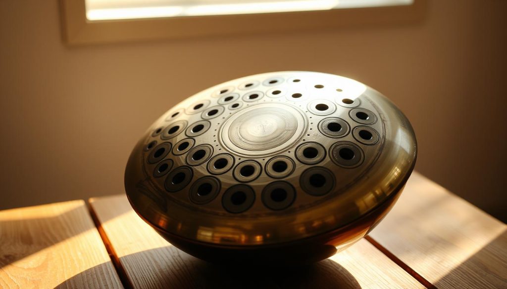 A finely crafted handpan resting on a wooden table, its intricate pattern of sound holes and concentric circles creating a mesmerizing visual resonance. The instrument is illuminated by a soft, natural light filtering through a window, casting gentle shadows that accentuate the handpan's organic form. The background is a minimalist, slightly blurred space, allowing the handpan to be the central focus, inviting the viewer to explore the nuances of its design and imagine the soothing, ethereal tones it is capable of producing. The overall mood is one of tranquility and contemplation, perfectly suited to illustrate the "Techniques de frappe et contrôle de la résonance" section of the article. A finely crafted handpan resting on a wooden table, its intricate pattern of sound holes and concentric circles creating a mesmerizing visual resonance. The instrument is illuminated by a soft, natural light filtering through a window, casting gentle shadows that accentuate the handpan's organic form. The background is a minimalist, slightly blurred space, allowing the handpan to be the central focus, inviting the viewer to explore the nuances of its design and imagine the soothing, ethereal tones it is capable of producing. The overall mood is one of tranquility and contemplation, perfectly suited to illustrate the "Techniques de frappe et contrôle de la résonance" section of the article.