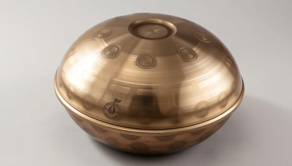 A hand-crafted handpan drum with a 55cm diameter rests on a neutral background. The metallic shell shines under soft, diffuse lighting, highlighting its intricate patterns and textures. The handpan is captured from an elevated angle, presenting its domed shape and the array of tuned note indentations across its surface. The image conveys a sense of precision, quality, and the specialized nature of this musical instrument, aligning with the "Caractéristiques techniques et compatibilités" section of the article.