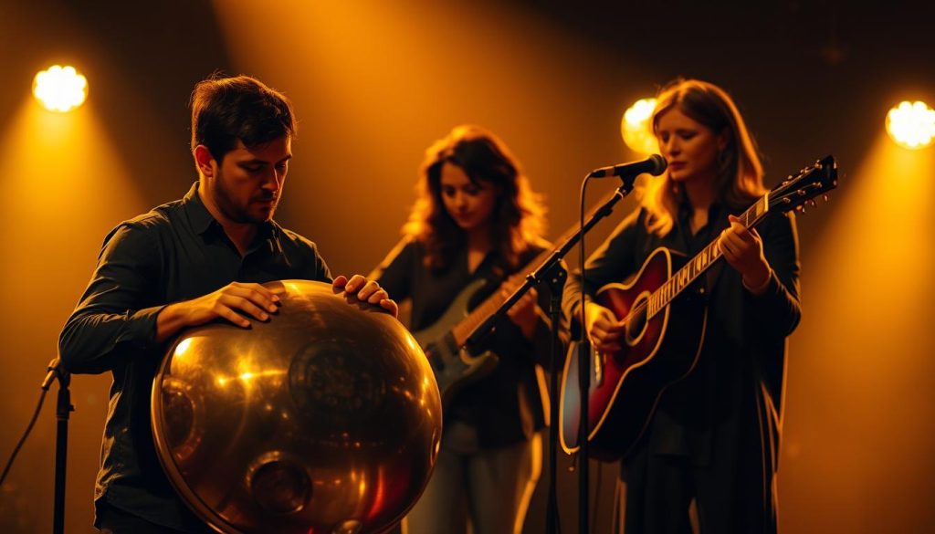 A performance duo on a dimly lit stage, their focus intense as they play in harmonious synchrony. In the foreground, a skilled musician cradles a handpan, its metallic tones resonating through the air. Behind them, a guitarist and a vocalist create a layered, atmospheric accompaniment, their movements fluid and in tune with the rhythmic pulses. Warm, golden lighting bathes the scene, casting dramatic shadows and highlighting the performers' expressions of deep concentration. The overall atmosphere is one of captivating collaboration, where the individual instruments and voices blend seamlessly to create a mesmerizing musical experience. A performance duo on a dimly lit stage, their focus intense as they play in harmonious synchrony. In the foreground, a skilled musician cradles a handpan, its metallic tones resonating through the air. Behind them, a guitarist and a vocalist create a layered, atmospheric accompaniment, their movements fluid and in tune with the rhythmic pulses. Warm, golden lighting bathes the scene, casting dramatic shadows and highlighting the performers' expressions of deep concentration. The overall atmosphere is one of captivating collaboration, where the individual instruments and voices blend seamlessly to create a mesmerizing musical experience.