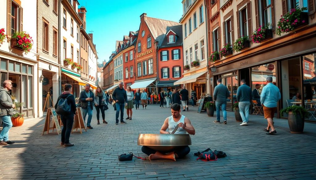 A quaint town square, bathed in the warm glow of afternoon sunlight. In the center, a busker sits cross-legged, effortlessly playing a handpan, its melodic tones filling the air. Locals and passersby gather around, captivated by the soothing sounds. In the background, charming storefronts and cafes line the cobblestone streets, their facades adorned with blooming flower boxes. The scene exudes a sense of community, inviting visitors to pause, listen, and perhaps inquire about renting a handpan to experience the joy of this unique instrument for themselves.