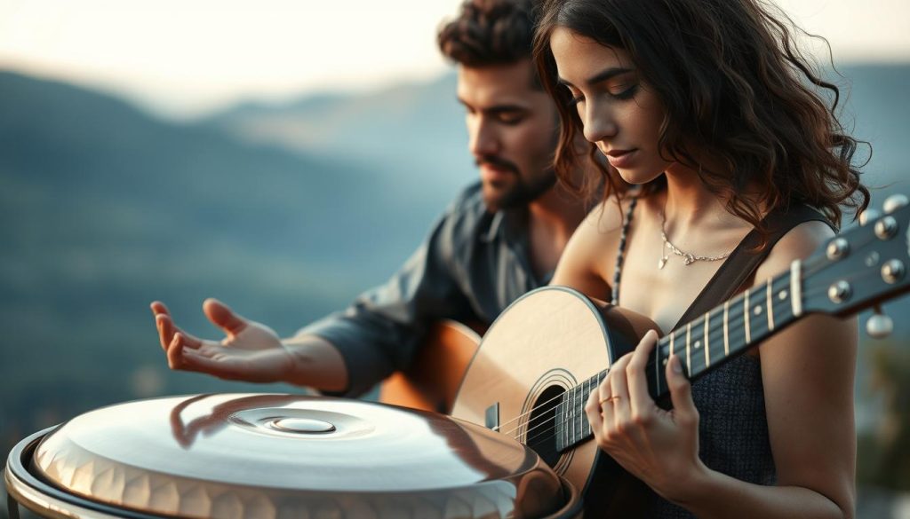 A vibrant duo of handpan and guitar, set against a serene natural backdrop. The handpan player, hands gracefully dancing across the metallic surface, creates a mesmerizing, otherworldly melody. The guitarist, eyes closed in deep focus, weaves a rich, complementary harmony. Soft, diffused lighting casts a warm, contemplative glow, immersing the viewer in a tranquil, meditative atmosphere. The scene conveys a sense of balance, harmony, and the power of collaboration, perfectly embodying the title "Exemples inspirants et vidéos de duos réussis". A vibrant duo of handpan and guitar, set against a serene natural backdrop. The handpan player, hands gracefully dancing across the metallic surface, creates a mesmerizing, otherworldly melody. The guitarist, eyes closed in deep focus, weaves a rich, complementary harmony. Soft, diffused lighting casts a warm, contemplative glow, immersing the viewer in a tranquil, meditative atmosphere. The scene conveys a sense of balance, harmony, and the power of collaboration, perfectly embodying the title "Exemples inspirants et vidéos de duos réussis".