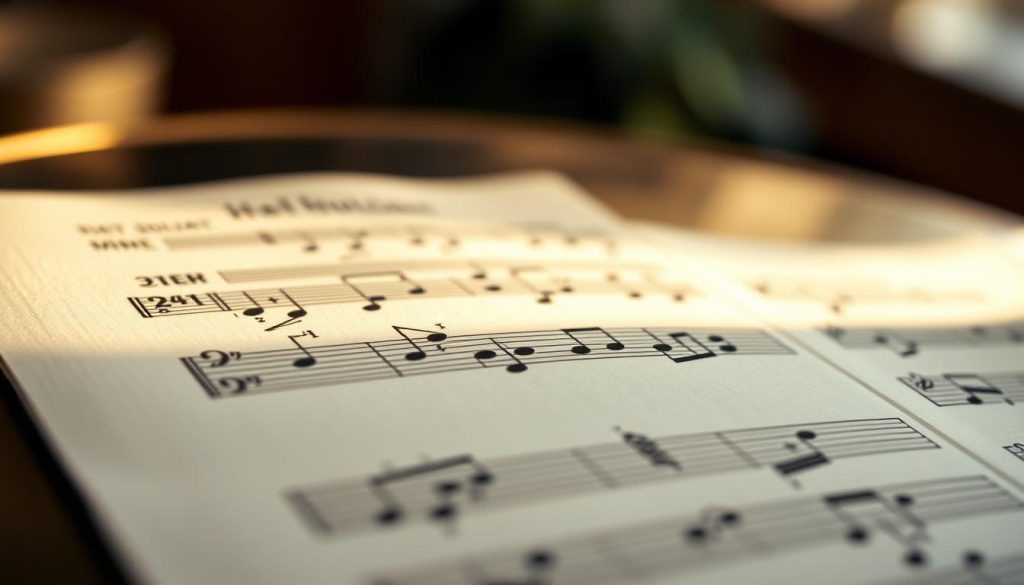 A well-lit, detailed close-up view of musical notes on sheet music, with a warm, soft focus and a shallow depth of field. The notes are crisp and clearly visible, with a focus on the key signatures and time signatures that are essential to playing the Hallelujah song on a handpan. The background is blurred and out of focus, creating a dreamlike, intimate atmosphere that evokes the emotional nature of the music. The image has a natural, organic feel, with a touch of vintage charm that complements the timeless quality of the handpan and the Hallelujah song. A well-lit, detailed close-up view of musical notes on sheet music, with a warm, soft focus and a shallow depth of field. The notes are crisp and clearly visible, with a focus on the key signatures and time signatures that are essential to playing the Hallelujah song on a handpan. The background is blurred and out of focus, creating a dreamlike, intimate atmosphere that evokes the emotional nature of the music. The image has a natural, organic feel, with a touch of vintage charm that complements the timeless quality of the handpan and the Hallelujah song.
