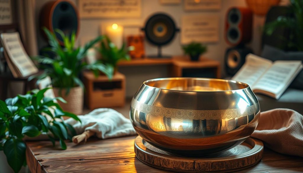 A beautifully crafted Halo handpan sits prominently in the foreground, showcasing its intricate circular design and polished surface that reflects light in a shimmering array of colors. The handpan is balanced on a rustic wooden table, surrounded by soft natural textures, such as a woven fabric and lush greenery. In the middle ground, the setting includes warm, diffuse lighting that enhances the artisan craftsmanship, creating gentle shadows and highlights that accentuate the handpan's intricate notes. In the background, a serene atmosphere is evoked with hints of blurred music sheets and a cozy, inviting room adorned with acoustic elements. The overall mood is one of tranquility and artistic excellence, inviting viewers to appreciate the sound and beauty of the Halo instrument. The image is captured from a slightly elevated angle, providing a comprehensive view of the handpan and its surroundings.
