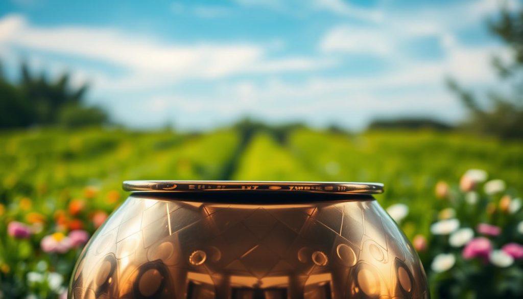 A beautifully crafted Instruments du Monde handpan set against a serene backdrop. In the foreground, the handpan gleams under soft, golden lighting, showcasing its intricate metallic surface and harmonious curves. The middle ground features a lush green garden, with hints of colorful flowers blending seamlessly, while soft bokeh effect adds depth. In the background, a tranquil blue sky and wispy clouds create a peaceful atmosphere, enhancing the sense of calmness associated with the music it produces. The scene is captured from a slight angle, emphasizing the handpan's unique shape and details, inviting the viewer to appreciate both its artistry and musicality. The overall mood is serene and inspired, evoking a sense of exploration in sound.