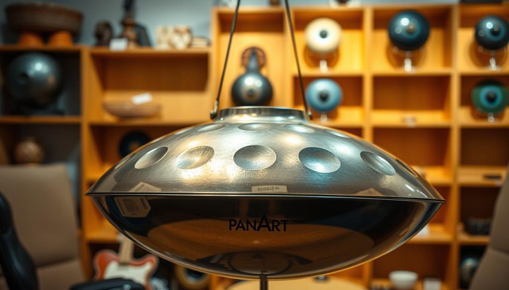A beautifully crafted PANArt hang, shown in the foreground, gleaming with a rich, metallic sheen. It has a distinct, smooth shape resembling a UFO, with multiple dimples reflecting light in varying hues of blue and silver. In the middle ground, display a softly lit studio environment, with warm ambient lighting that highlights the curves and textures of the instrument. The background can feature wooden shelves displaying other handpan models, creating a warm atmosphere of craftsmanship. Use a shallow depth of field to focus sharply on the hang, while the shelves become slightly blurred, enhancing the sense of depth. The overall mood is serene and artistic, inviting viewers to appreciate the beauty and heritage of the hang.