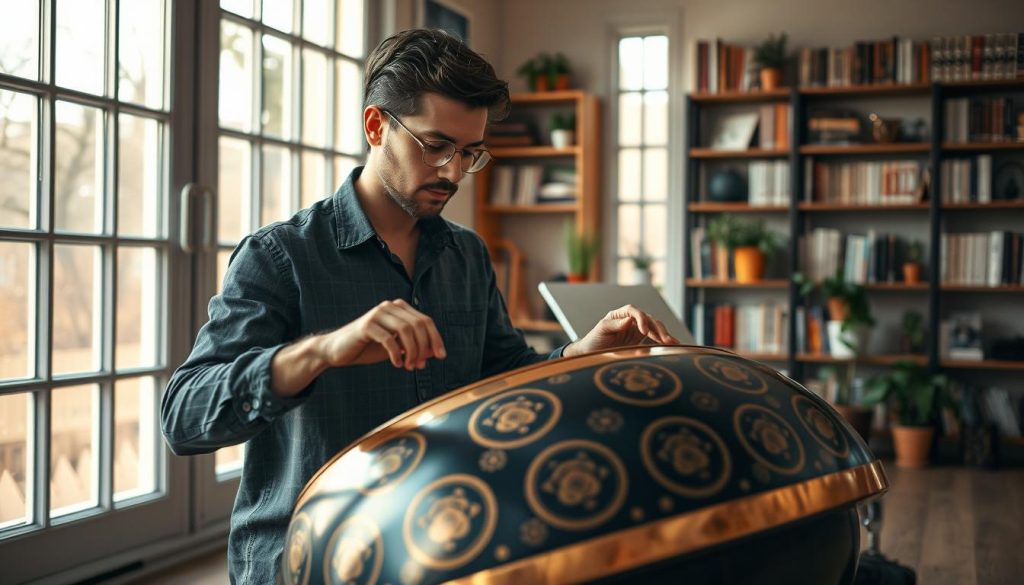A serene indoor music studio featuring a beautifully crafted handpan from France, showcasing intricate designs and a rich color palette of deep blues and warm brass tones. In the foreground, a skilled musician is playing the handpan, dressed in professional, modest casual attire, their focused expression conveying deep engagement with the instrument. The middle layer highlights soft natural lighting filtering through large windows, creating a warm and inviting atmosphere that enhances the details of the handpan's surface. In the background, shelves filled with music books and a few potted plants add an inspiring artistic context. The overall mood is one of calmness and creativity, emphasizing the educational aspect of handpan music.