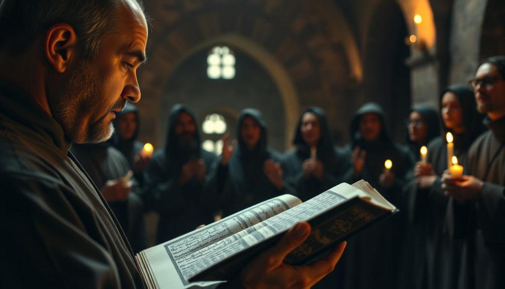 A serene and atmospheric depiction of Gregorian chant, featuring a group of monks in simple, modest robes gathered in a dimly lit medieval monastery. In the foreground, focus on one monk, his facial expression reflecting deep concentration and devotion as he sings from an ancient, illuminated manuscript. In the middle ground, other monks join in harmonious pitch, their hands raised slightly in reverence. The background shows a stone archway with flickering candlelight casting soft shadows, enhancing the sacred ambiance. The lighting is warm and mystical, creating a contemplative mood. Capture this scene from a slightly elevated angle, emphasizing the unity and spirituality of the performance, with soft focus on the surroundings to keep the attention on the monks' melodic harmony. A serene and atmospheric depiction of Gregorian chant, featuring a group of monks in simple, modest robes gathered in a dimly lit medieval monastery. In the foreground, focus on one monk, his facial expression reflecting deep concentration and devotion as he sings from an ancient, illuminated manuscript. In the middle ground, other monks join in harmonious pitch, their hands raised slightly in reverence. The background shows a stone archway with flickering candlelight casting soft shadows, enhancing the sacred ambiance. The lighting is warm and mystical, creating a contemplative mood. Capture this scene from a slightly elevated angle, emphasizing the unity and spirituality of the performance, with soft focus on the surroundings to keep the attention on the monks' melodic harmony.