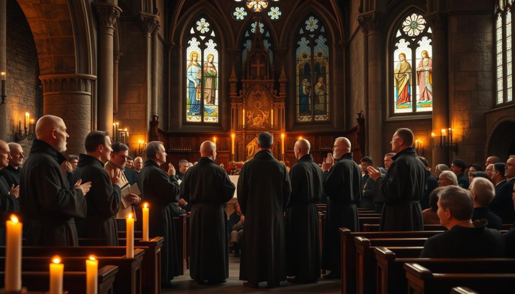 A serene medieval church interior during a liturgical service, with robed monks in simple, modest clothing singing Gregorian chant. In the foreground, a group of six monks stands around an ornate altar, their faces reflecting deep concentration and reverence. The middle ground features candlelight casting warm glows, emphasizing ancient stone architecture and stained glass windows depicting biblical scenes. The background reveals rows of wooden pews, filled with congregation members in humble attire, creating a solemn atmosphere. Soft, golden candlelight highlights the monks' gestures, as their hands are raised in harmony, creating a peaceful, spiritual ambiance. The image should have a slightly blurred background to draw focus on the singers, with a soft, ethereal quality to convey the mystical nature of the chant.