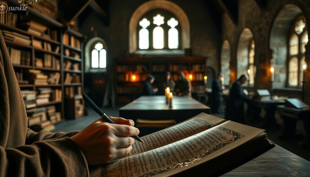 A serene medieval scriptorium, showcasing a monk in modest robes, carefully transcribing Gregorian chant manuscripts by candlelight. The foreground features the monk's delicate hands, holding a quill, with a richly illuminated manuscript displaying ornate gold leaf accents. In the middle ground, the room is filled with wooden shelves lined with ancient texts, and faint silhouettes of other monks engaged in similar tasks. The background reveals arched stone windows, filtering soft, warm light into the space, evoking a tranquil and spiritual atmosphere. The scene captures the essence of the origins of Gregorian chant, emphasizing tradition and reverence in a historical context, illuminated by soft, flickering candlelight. A serene medieval scriptorium, showcasing a monk in modest robes, carefully transcribing Gregorian chant manuscripts by candlelight. The foreground features the monk's delicate hands, holding a quill, with a richly illuminated manuscript displaying ornate gold leaf accents. In the middle ground, the room is filled with wooden shelves lined with ancient texts, and faint silhouettes of other monks engaged in similar tasks. The background reveals arched stone windows, filtering soft, warm light into the space, evoking a tranquil and spiritual atmosphere. The scene captures the essence of the origins of Gregorian chant, emphasizing tradition and reverence in a historical context, illuminated by soft, flickering candlelight.
