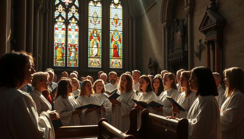 A serene scene depicting a Schola cantorum, a traditional choir engaged in Gregorian chant inside a historic, softly lit church. In the foreground, a diverse group of singers, dressed in modest, professional choir robes, harmonize with solemn expressions. The middle layer captures intricate stained glass windows casting colorful light onto the wooden pews, creating a warm ambiance. In the background, ancient stone walls and ornate decorations reflect the rich history of the chant's origin. Soft rays of sunlight filter through the windows, illuminating the choir and enhancing the spiritual atmosphere. The image should evoke a sense of reverence and tranquility, highlighting the evolution of Roman chant through the centuries, with a clear focus on the communal and sacred nature of the music.