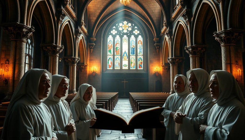 A serene and atmospheric representation of Gregorian chant, featuring an enchanting medieval monastery interior. In the foreground, a group of solemnly dressed monks, clad in simple white robes, are gathered around a large open book, singing harmoniously. Their facial expressions reflect deep concentration and devotion. In the middle ground, the rich wooden pews and ornate stone columns create a sense of history and sacred space, illuminated by soft, golden candlelight. The high vaulted ceiling arches above, with ethereal light filtering through stained glass windows, casting colorful patterns onto the stone floor. The mood is tranquil and reverent, capturing the essence of liturgical music and its spiritual significance. The image should be artfully composed, emphasizing warm tones and soft shadows for a reflective atmosphere. A serene and atmospheric representation of Gregorian chant, featuring an enchanting medieval monastery interior. In the foreground, a group of solemnly dressed monks, clad in simple white robes, are gathered around a large open book, singing harmoniously. Their facial expressions reflect deep concentration and devotion. In the middle ground, the rich wooden pews and ornate stone columns create a sense of history and sacred space, illuminated by soft, golden candlelight. The high vaulted ceiling arches above, with ethereal light filtering through stained glass windows, casting colorful patterns onto the stone floor. The mood is tranquil and reverent, capturing the essence of liturgical music and its spiritual significance. The image should be artfully composed, emphasizing warm tones and soft shadows for a reflective atmosphere.