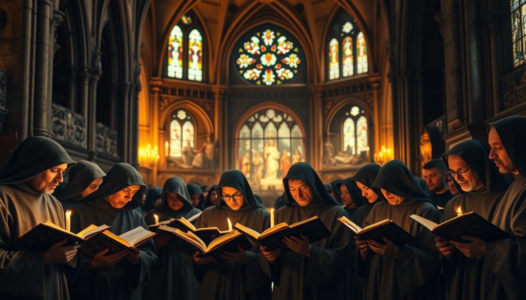 A serene, historical scene depicting the evolution of Gregorian chant. In the foreground, a diverse group of monks in modest, traditional robes, deeply engrossed in singing from ornate manuscripts, which are illuminated by soft candlelight. The middle ground features an intricately detailed medieval church interior, with vaulted ceilings and stained glass windows casting colorful light. In the background, scenes representing different eras of music history subtly blend into the architecture, including early monastic settings, Renaissance elements, and modern interpretations of sacred music. The atmosphere is tranquil and reflective, with warm golden hues emphasizing a sense of reverence and tradition. The composition is captured with a shallow depth of field, focusing on the monks, while hints of historical context softly blur in the distance. A serene, historical scene depicting the evolution of Gregorian chant. In the foreground, a diverse group of monks in modest, traditional robes, deeply engrossed in singing from ornate manuscripts, which are illuminated by soft candlelight. The middle ground features an intricately detailed medieval church interior, with vaulted ceilings and stained glass windows casting colorful light. In the background, scenes representing different eras of music history subtly blend into the architecture, including early monastic settings, Renaissance elements, and modern interpretations of sacred music. The atmosphere is tranquil and reflective, with warm golden hues emphasizing a sense of reverence and tradition. The composition is captured with a shallow depth of field, focusing on the monks, while hints of historical context softly blur in the distance.