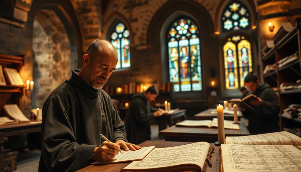 A serene medieval monastery interior, showcasing a scriptorium where monks are meticulously transcribing ancient musical manuscripts. In the foreground, a focused monk in modest, simple attire is illuminated by soft candlelight, deeply engaged in writing Gregorian chant notations. The middle ground features shelves filled with scrolls and illuminated texts, while other monks examine musical scores, creating a sense of collaboration. The background captures the stone arches and stained glass windows casting colored light across the room, adding to the spiritual atmosphere. The scene is bathed in warm, natural lighting that evokes a sense of reverence and historical depth, embodying the origins of Gregorian chant. A serene medieval monastery interior, showcasing a scriptorium where monks are meticulously transcribing ancient musical manuscripts. In the foreground, a focused monk in modest, simple attire is illuminated by soft candlelight, deeply engaged in writing Gregorian chant notations. The middle ground features shelves filled with scrolls and illuminated texts, while other monks examine musical scores, creating a sense of collaboration. The background captures the stone arches and stained glass windows casting colored light across the room, adding to the spiritual atmosphere. The scene is bathed in warm, natural lighting that evokes a sense of reverence and historical depth, embodying the origins of Gregorian chant.