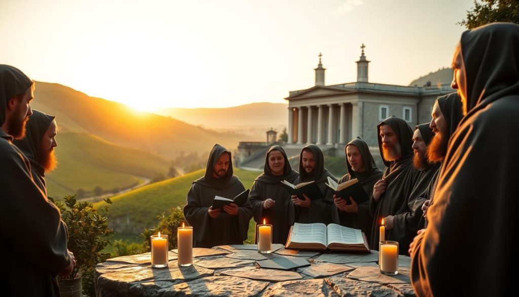 A serene scene depicting the diffusion of Gregorian chant in the Carolingian Empire. In the foreground, a group of monks in modest robes are gathered around a stone altar, illuminated by soft candlelight. Their expressions are focused as they chant, with one monk holding a musical manuscript. In the middle ground, lush green hills and a classical architectural monastery can be seen, symbolizing the merging of ancient traditions with Christian faith. In the background, a soft sunrise casts golden light across the landscape, suggesting hope and spiritual enlightenment. The atmosphere is tranquil and reverent, capturing the essence of devotion and community in this historical context. The lens focuses on the monks, creating a warm and inviting depth of field.