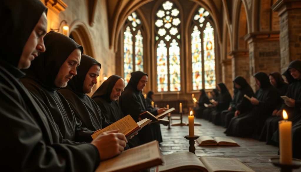 Inside the tranquil confines of the Solesmes Abbey, capture a scene depicting monks in modest, traditional habits engaged in the restoration of Gregorian chant. In the foreground, detail a group of focused monks, their expressions contemplative as they study ancient manuscripts, surrounded by open books and illuminated by soft, warm candlelight. In the middle ground, depict a serene chapel with arched stone walls, echoing the soft harmonies of chanting. The background should feature intricate stained glass windows casting colorful patterns onto the stone floors. Use a warm, inviting light to create a sacred, reflective atmosphere, evoking a sense of deep historical reverence. The lens should be slightly wide, capturing both intimate moments of the monks and the grandeur of the abbey interior. Inside the tranquil confines of the Solesmes Abbey, capture a scene depicting monks in modest, traditional habits engaged in the restoration of Gregorian chant. In the foreground, detail a group of focused monks, their expressions contemplative as they study ancient manuscripts, surrounded by open books and illuminated by soft, warm candlelight. In the middle ground, depict a serene chapel with arched stone walls, echoing the soft harmonies of chanting. The background should feature intricate stained glass windows casting colorful patterns onto the stone floors. Use a warm, inviting light to create a sacred, reflective atmosphere, evoking a sense of deep historical reverence. The lens should be slightly wide, capturing both intimate moments of the monks and the grandeur of the abbey interior.